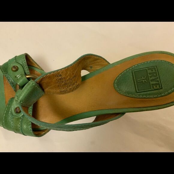 Frye Leather Platform Sandals Heels SZ 7.5 Green Brown Logo Open Toe - Picture 7 of 11